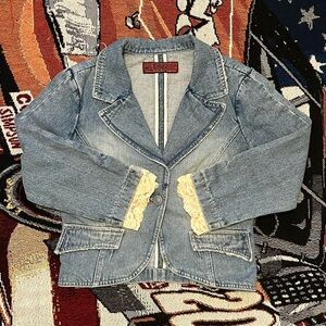 Vintage Hot Kiss Cropped Denim Jacket with Lace Cuffs (M)